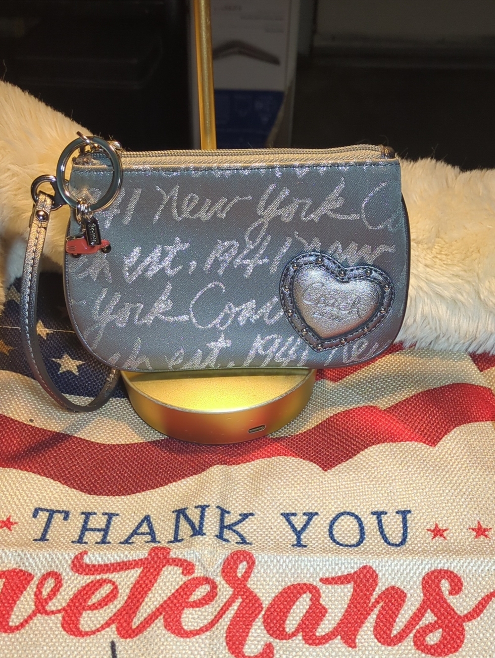 Coach Metallic Gray Script Wristlet w/Heart Patch & COACH Scooter bag Charm $75